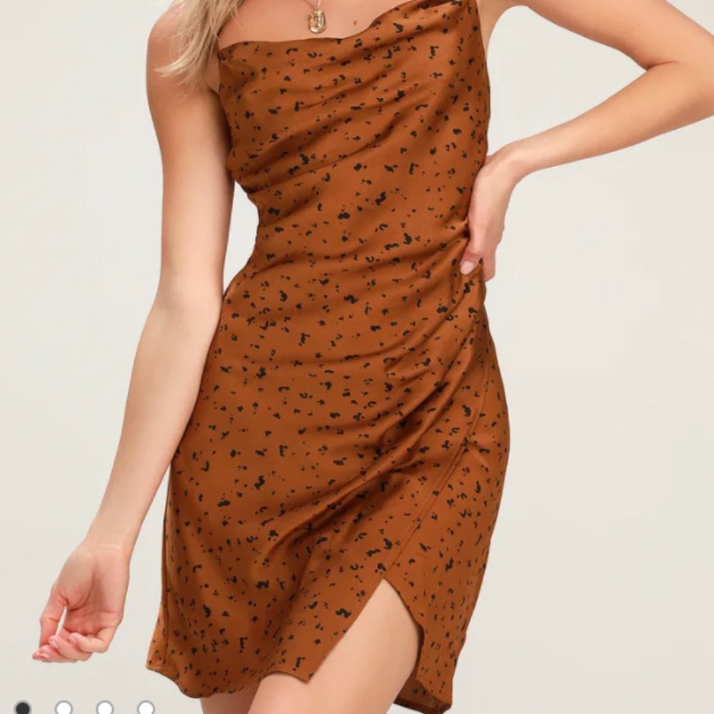 J.O.A. Copper Dot Cowl Neck Satin Slip Dress